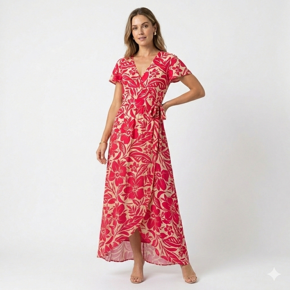 Patrons of Peace Dresses & Skirts - Patrons of Peace Magenta and Cream Floral Maxi Wrap Dress Size L